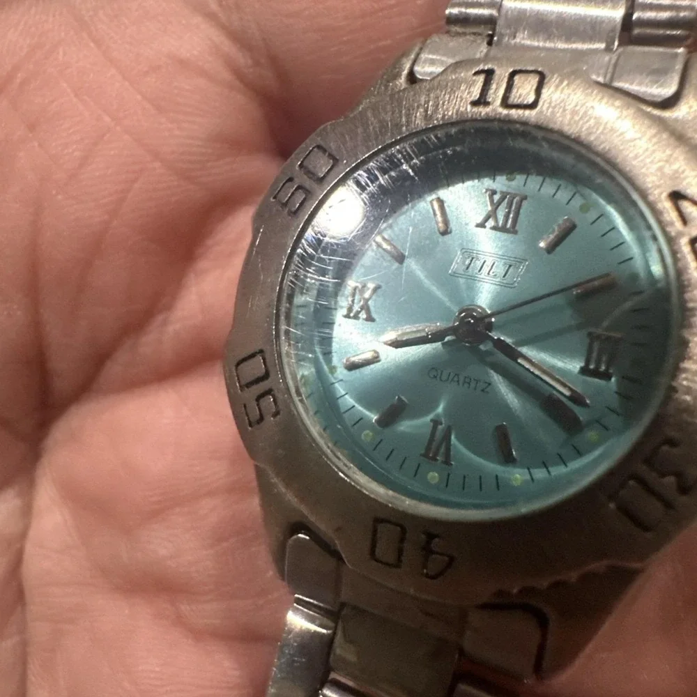 VTG Working Tilt Ladies Silver Tone Green Dial Bezel Rotate Watch 29mm Fit 7in‎